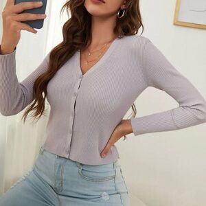 Purple V-Neck Cardigan Sweater with Ribbed Texture